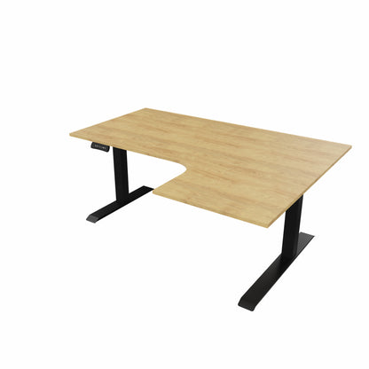 revilo r807 radial sit stand desk with oak desktop and black frame, right-handed