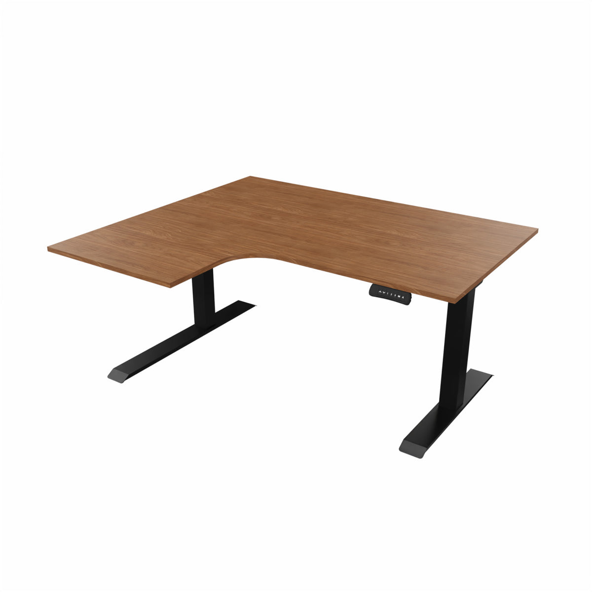 revilo r807 radial sit stand desk with walnut desktop and black frame, left-handed