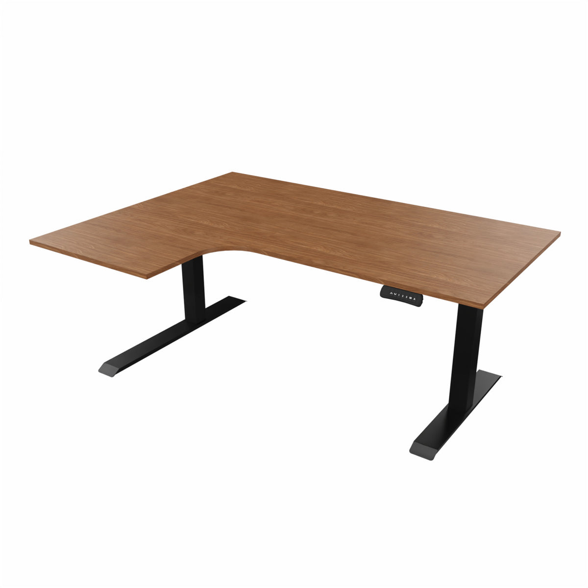 revilo r807 radial sit stand desk with walnut desktop and black frame, left-handed