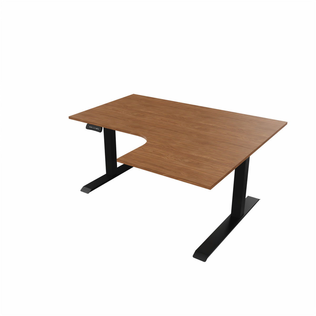 revilo r807 radial sit stand desk with walnut desktop and black frame, right-handed