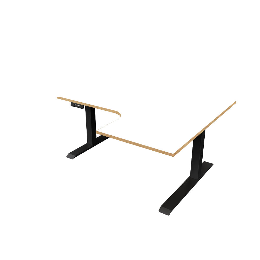revilo r807 radial sit stand desk with white and oak desktop and black frame, right-handed