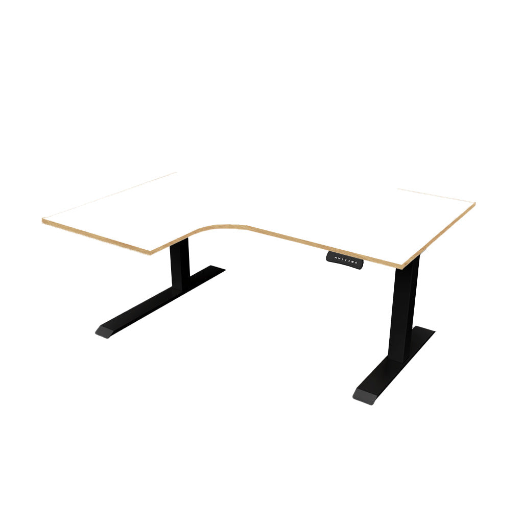 revilo r807 radial sit stand desk with white and oak desktop and black frame, left-handed