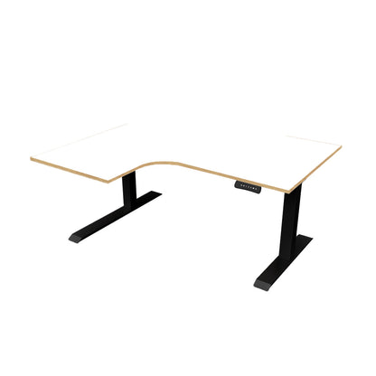 revilo r807 radial sit stand desk with white and oak desktop and black frame, left-handed