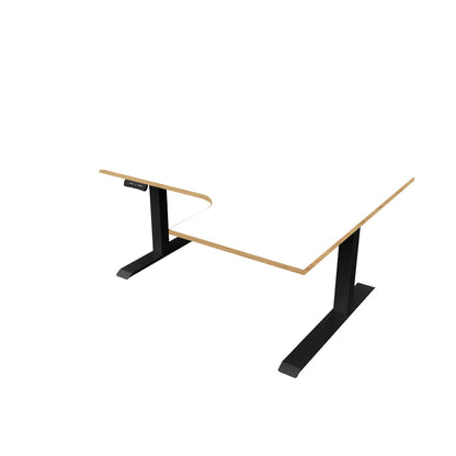 revilo r807 radial sit stand desk with white and oak desktop and black frame, right-handed