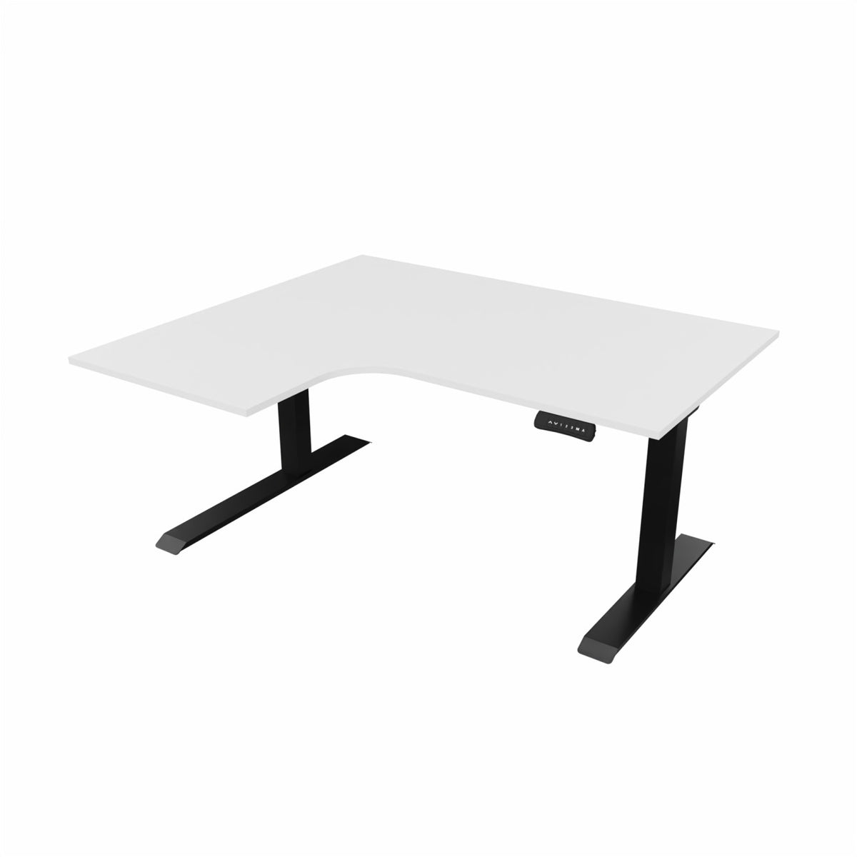 revilo r807 radial sit stand desk with white desktop and black frame, left-handed