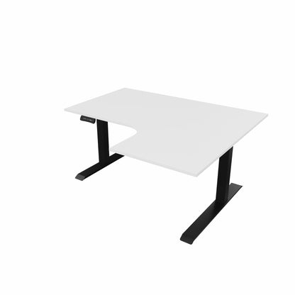 revilo r807 radial sit stand desk with white desktop and black frame, right-handed