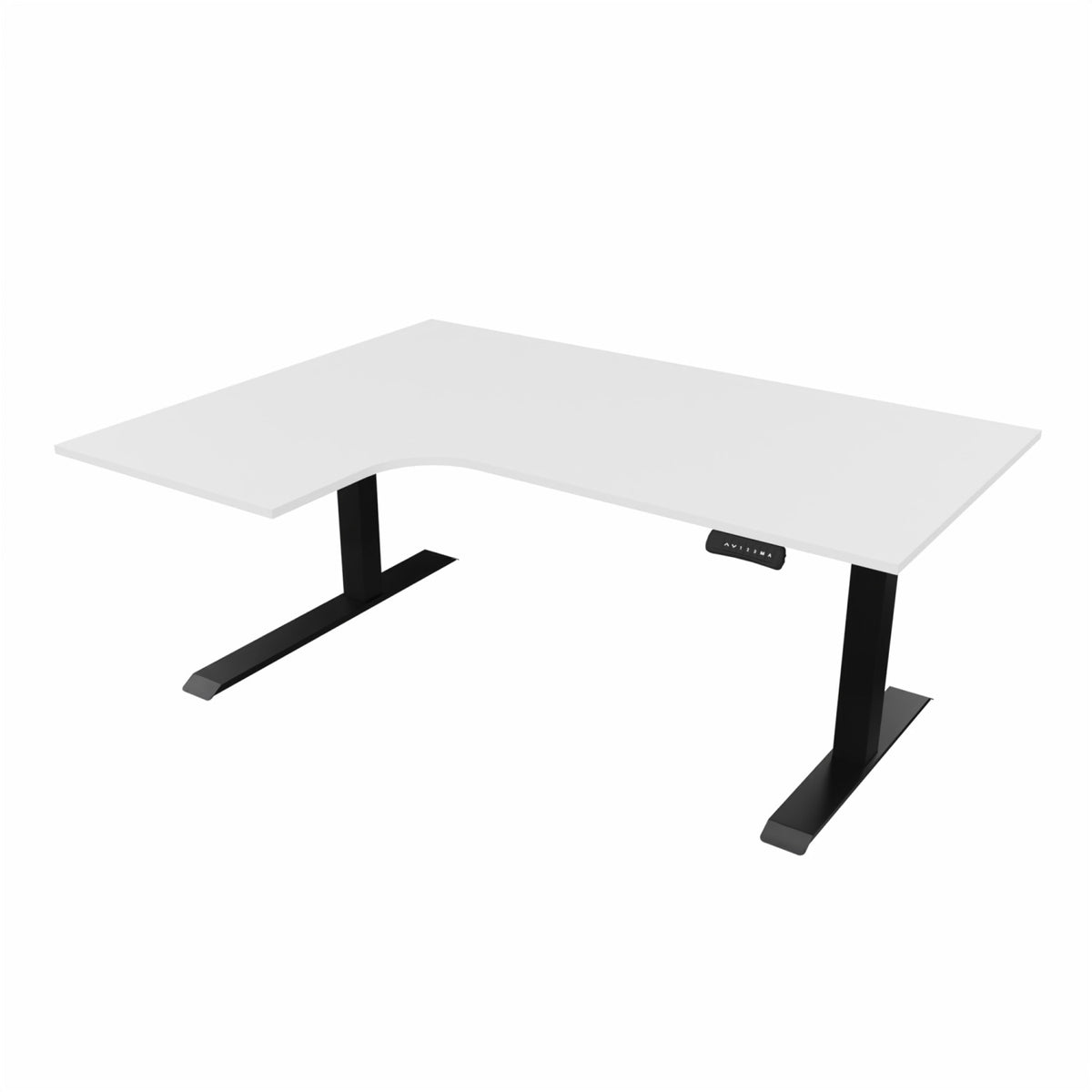 revilo r807 radial sit stand desk with white desktop and black frame, left-handed