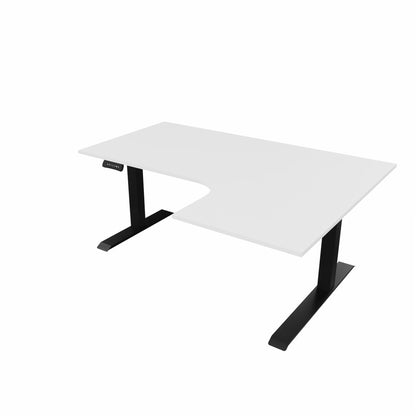 revilo r807 radial sit stand desk with white desktop and black frame, right-handed