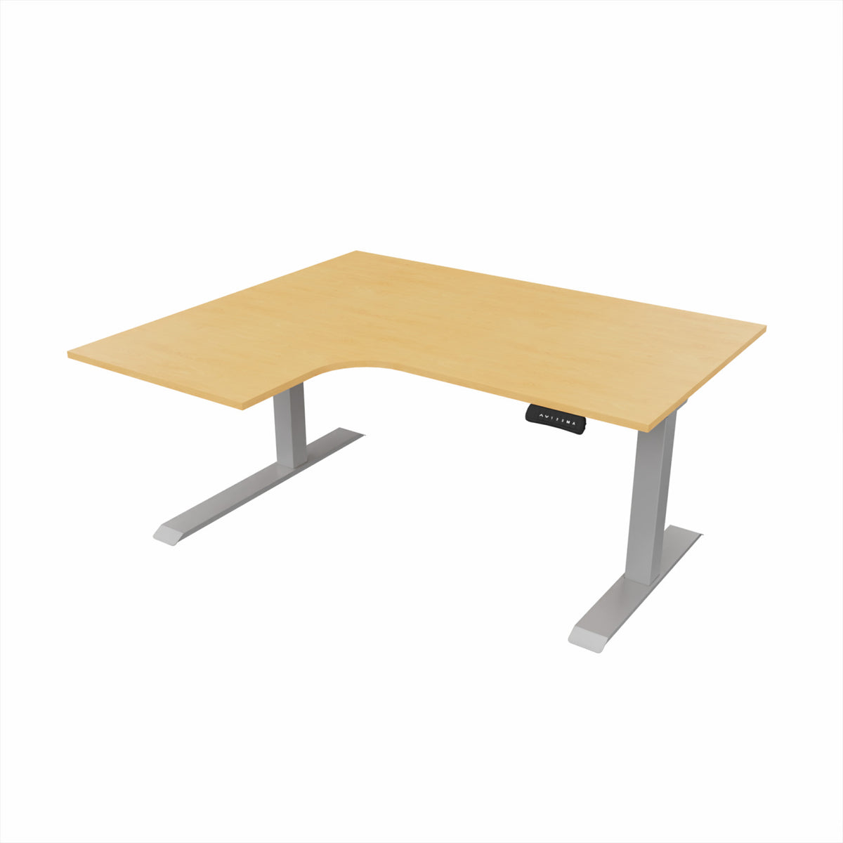 revilo r807 radial sit stand desk with beech desktop and silver frame, left-handed