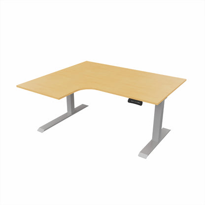 revilo r807 radial sit stand desk with beech desktop and silver frame, left-handed