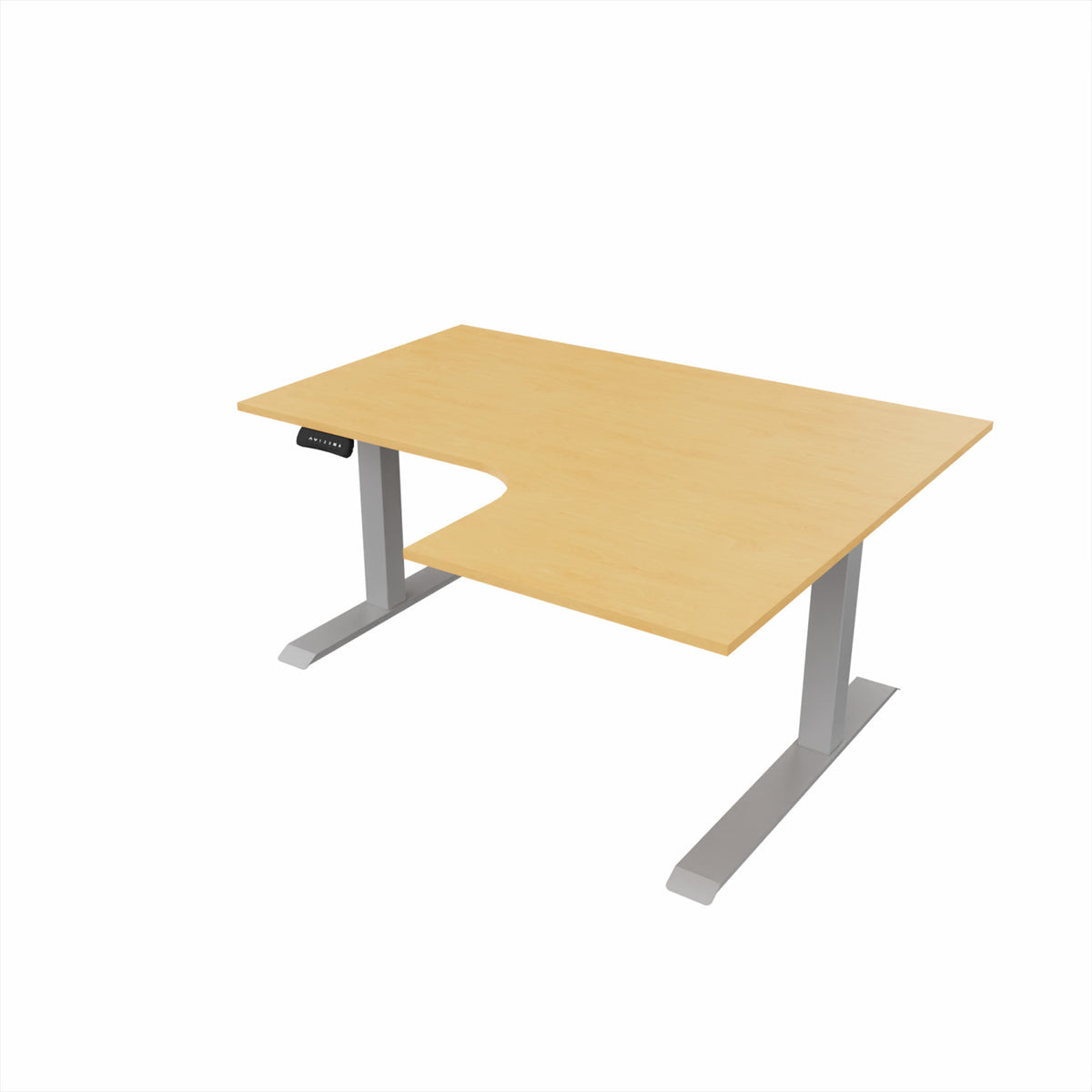 revilo r807 radial sit stand desk with beech desktop and silver frame, right-handed