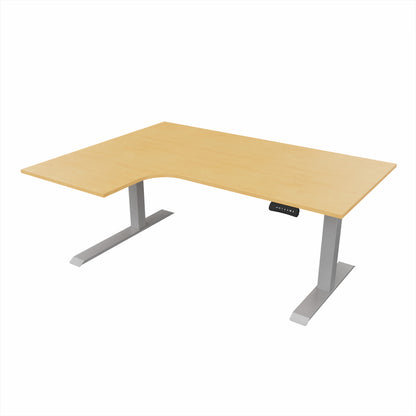 revilo r807 radial sit stand desk with beech desktop and silver frame, left-handed