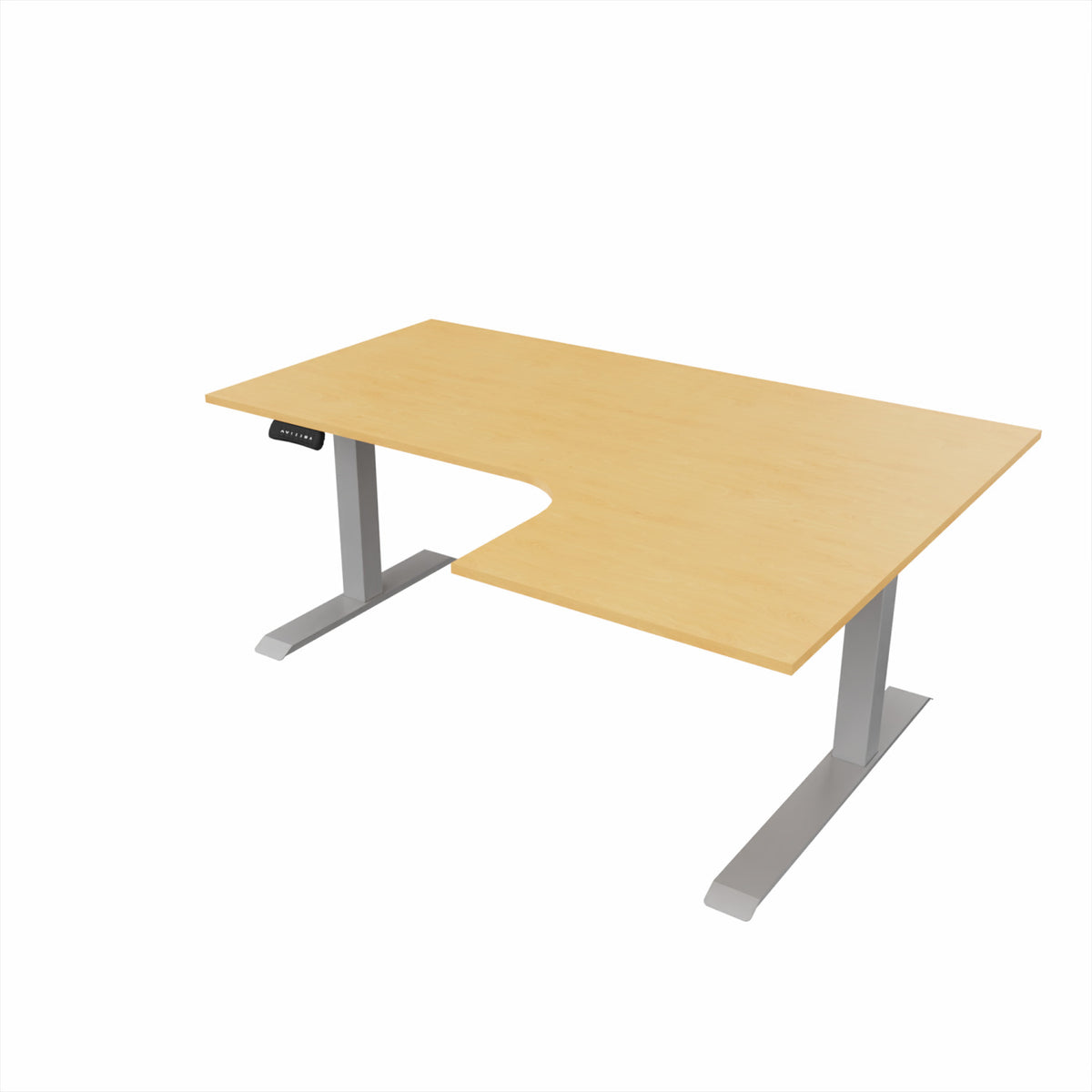 revilo r807 radial sit stand desk with beech desktop and silver frame, right-handed