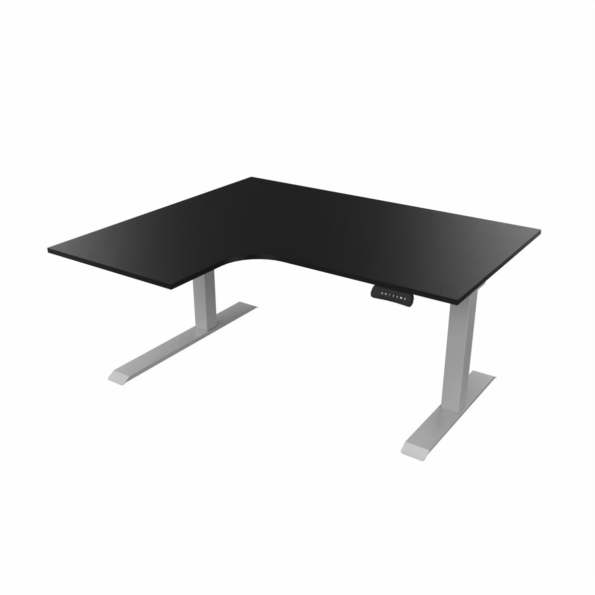 revilo r807 radial sit stand desk with black desktop and silver frame, left-handed