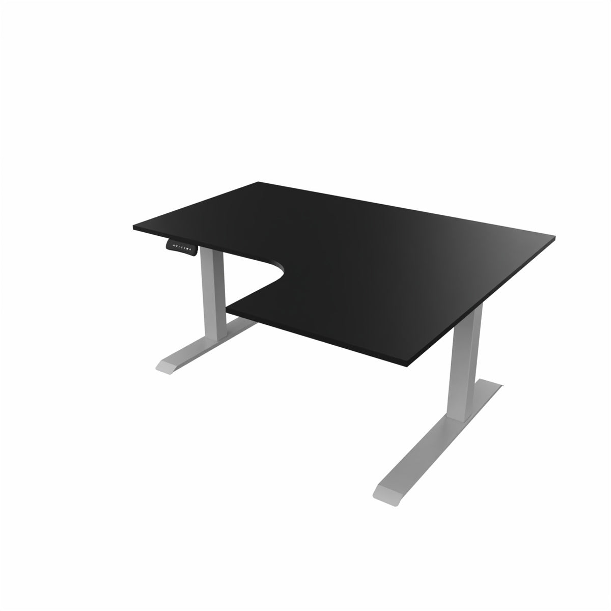 revilo r807 radial sit stand desk with black desktop and silver frame, right-handed