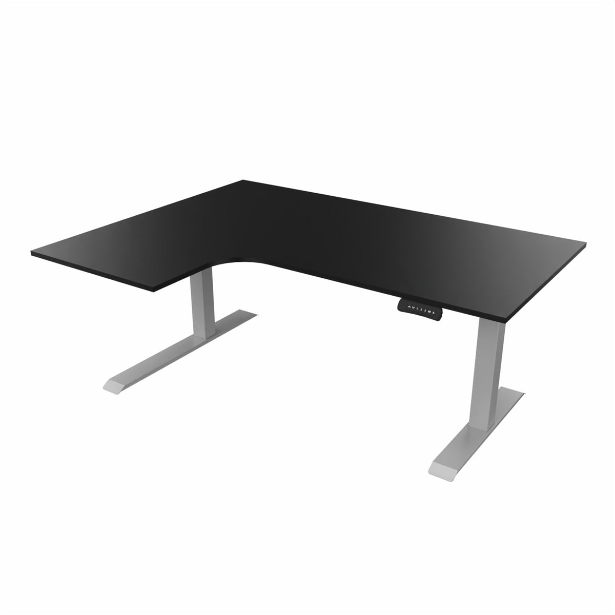 revilo r807 radial sit stand desk with black desktop and silver frame, left-handed