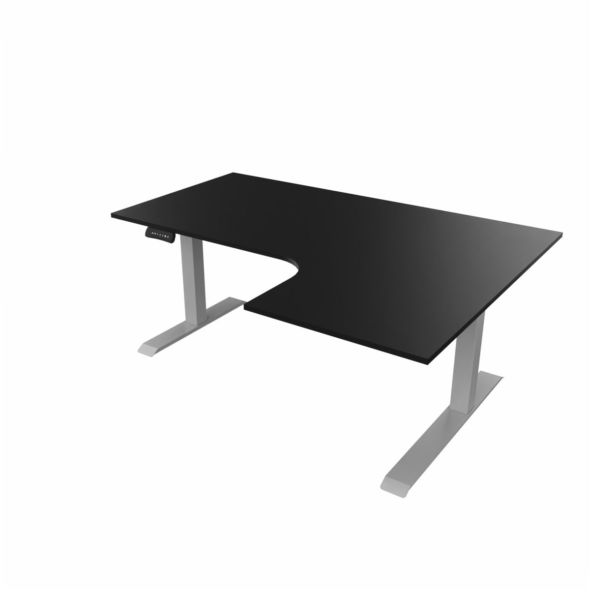 revilo r807 radial sit stand desk with black desktop and silver frame, right-handed