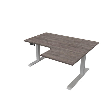 revilo r807 radial sit stand desk with grey oak desktop and silver frame, right-handed