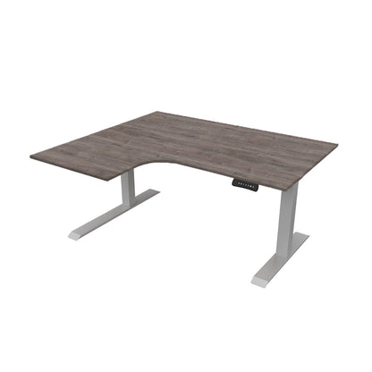 revilo r807 radial sit stand desk with grey oak desktop and silver frame, left-handed