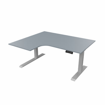 revilo r807 radial sit stand desk with grey desktop and silver frame, left-handed