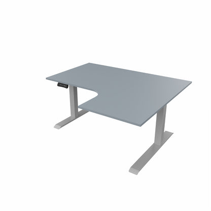 revilo r807 radial sit stand desk with grey desktop and silver frame, right-handed
