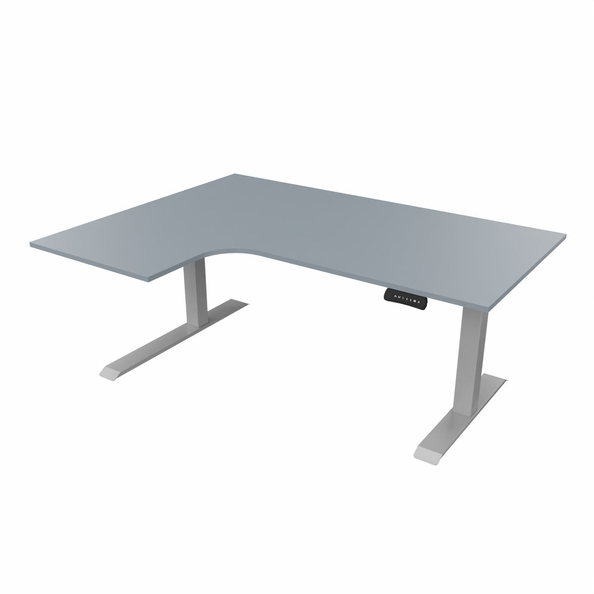 revilo r807 radial sit stand desk with grey desktop and silver frame, left-handed