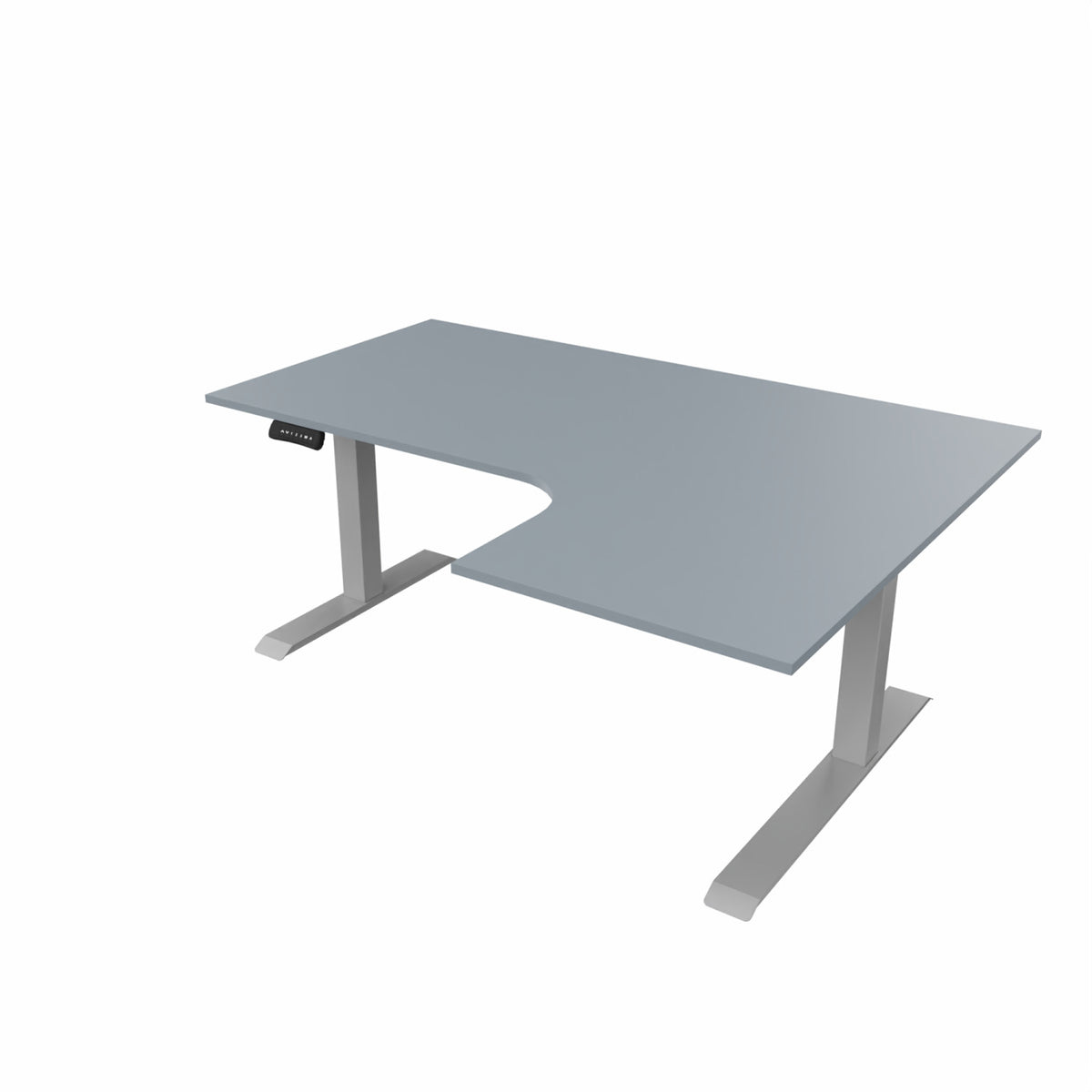 revilo r807 radial sit stand desk with grey desktop and silver frame, right-handed