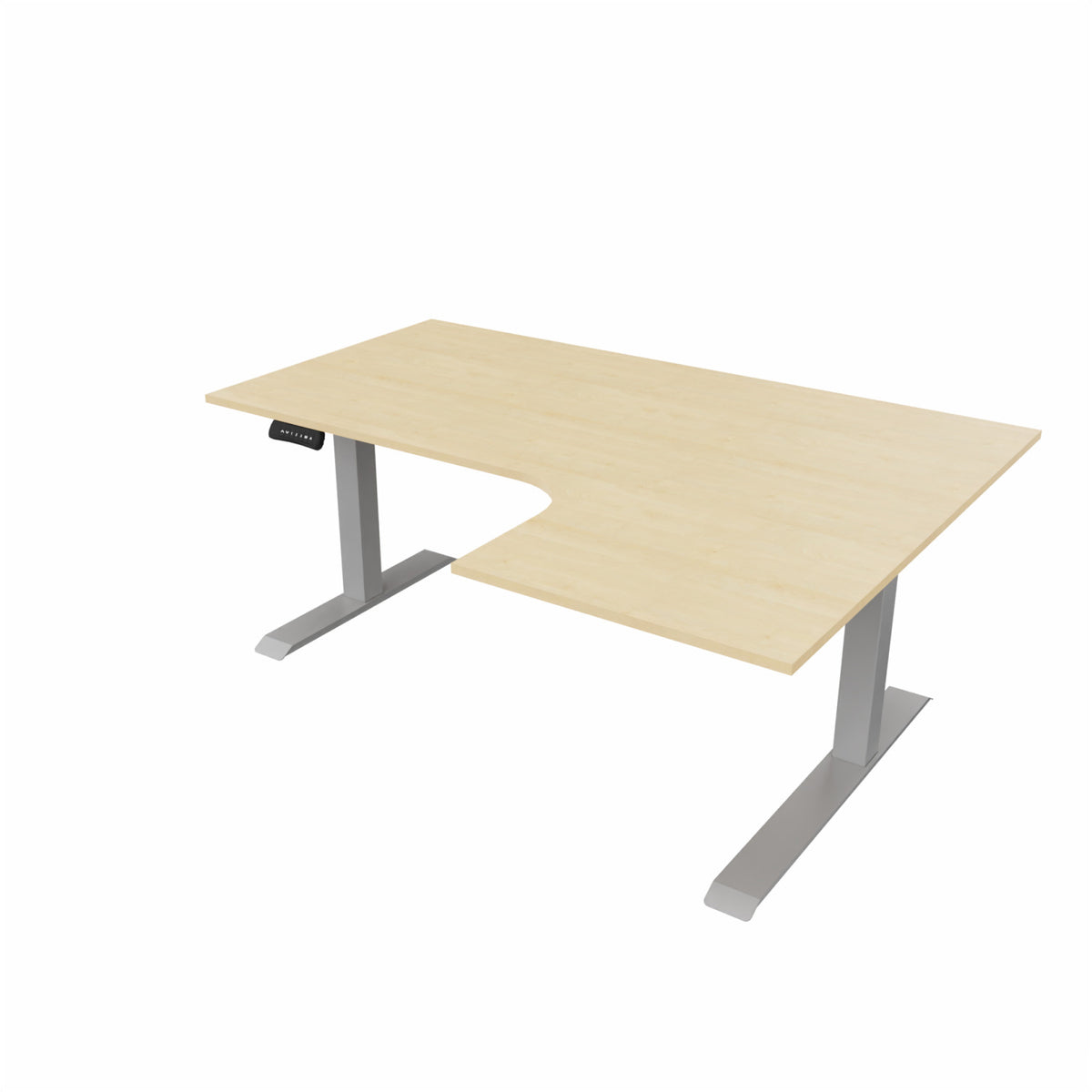 revilo r807 radial sit stand desk with maple desktop and silver frame, right-handed