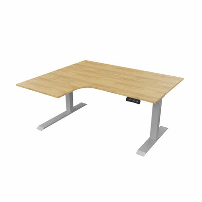 revilo r807 radial sit stand desk with oak desktop and silver frame, left-handed