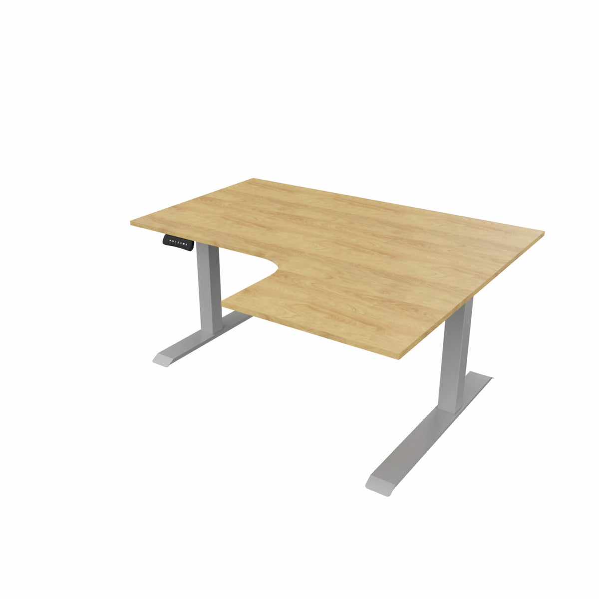 revilo r807 radial sit stand desk with oak desktop and silver frame, right-handed