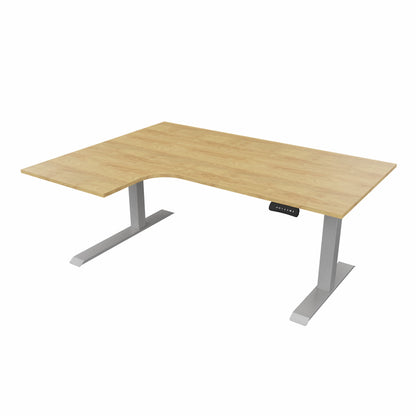 revilo r807 radial sit stand desk with oak desktop and silver frame, left-handed