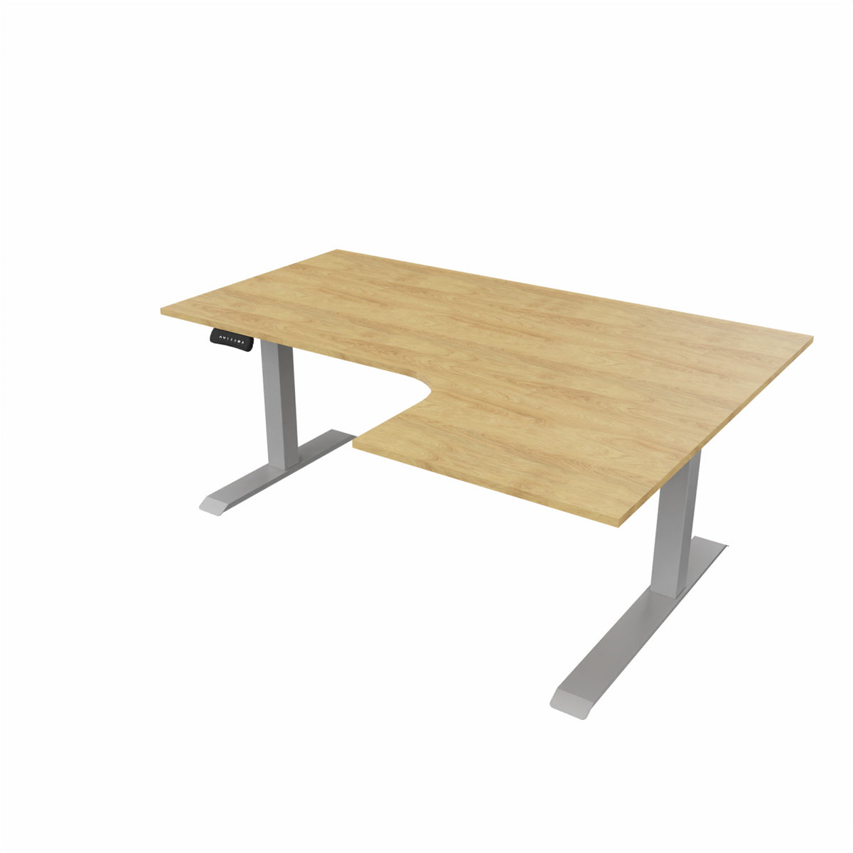 revilo r807 radial sit stand desk with oak desktop and silver frame, right-handed