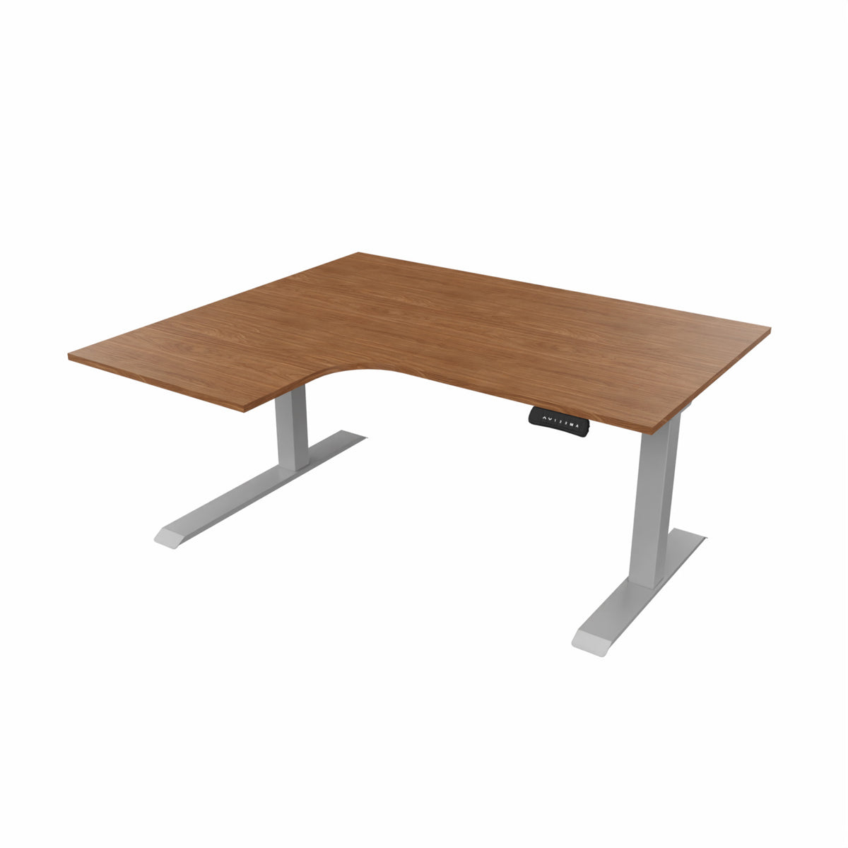 revilo r807 radial sit stand desk with walnut desktop and silver frame, left-handed
