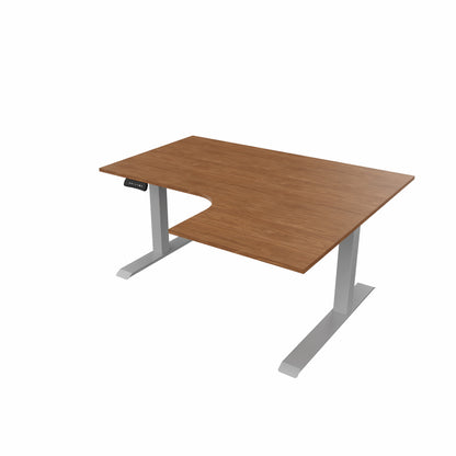 revilo r807 radial sit stand desk with walnut desktop and silver frame, right-handed