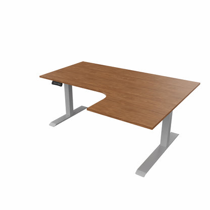 revilo r807 radial sit stand desk with walnut desktop and silver frame, right-handed