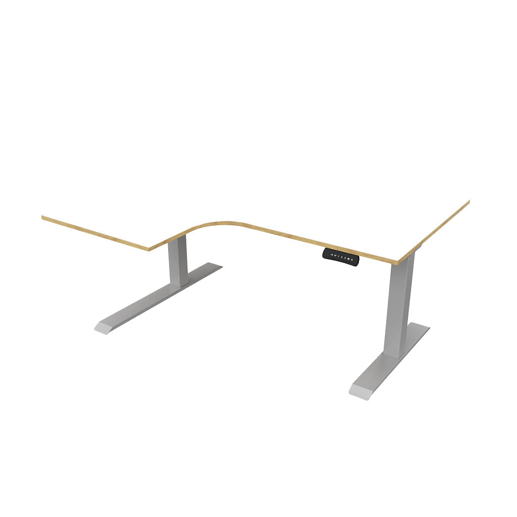 revilo r807 radial sit stand desk with white and oak desktop and silver frame, left-handed