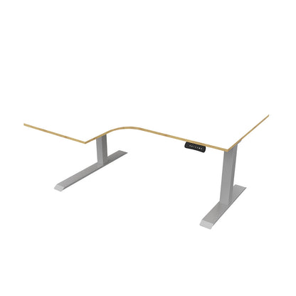 revilo r807 radial sit stand desk with white and oak desktop and silver frame, left-handed