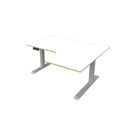 revilo r807 radial sit stand desk with white and oak desktop and silver frame, right-handed