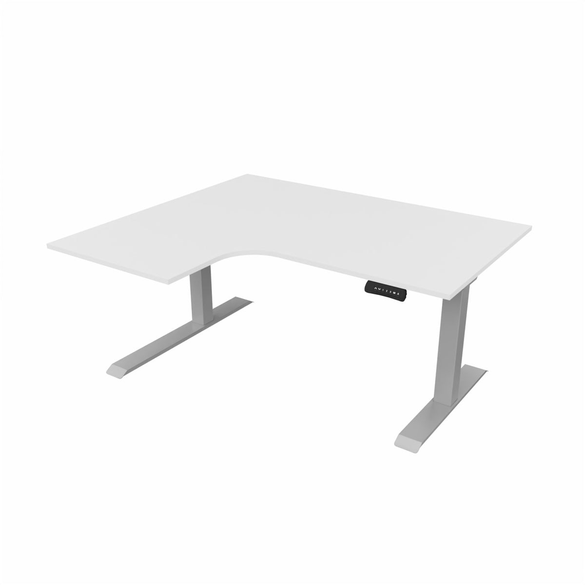 revilo r807 radial sit stand desk with white desktop and silver frame, left-handed