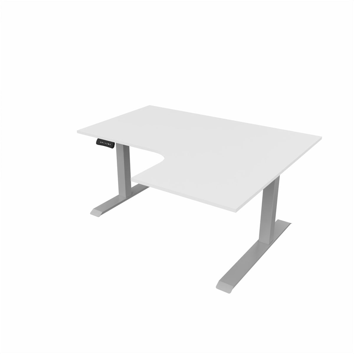 revilo r807 radial sit stand desk with white desktop and silver frame, right-handed