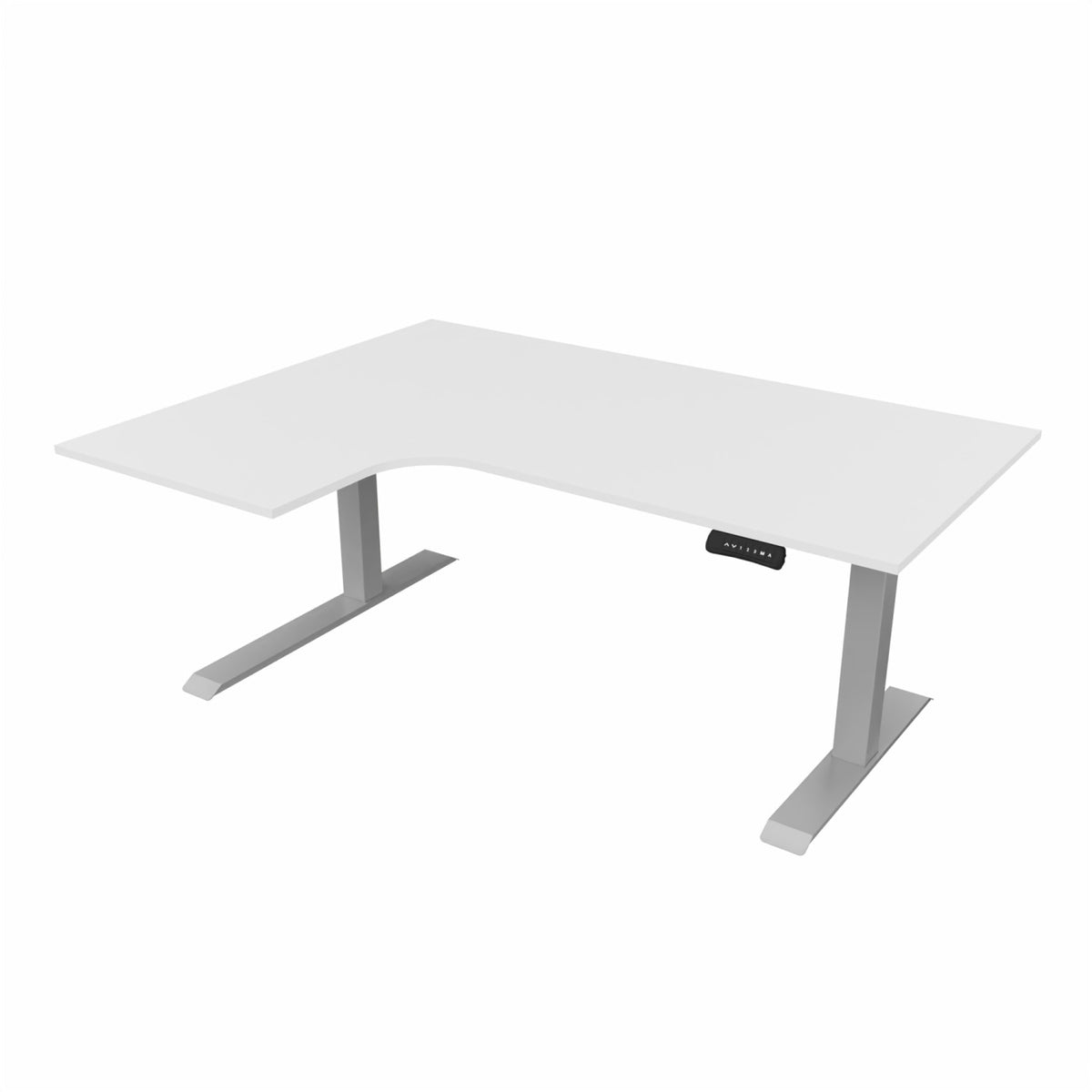 revilo r807 radial sit stand desk with white desktop and silver frame, left-handed