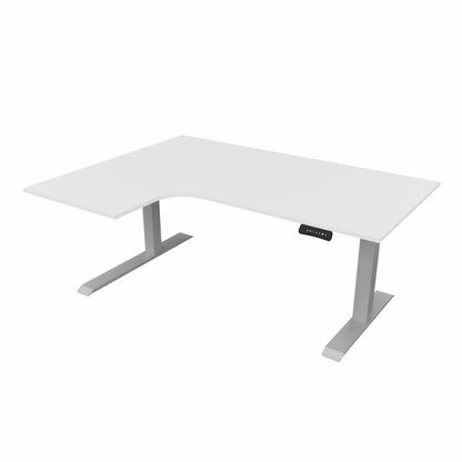 revilo r807 radial sit stand desk with white desktop and silver frame, left-handed