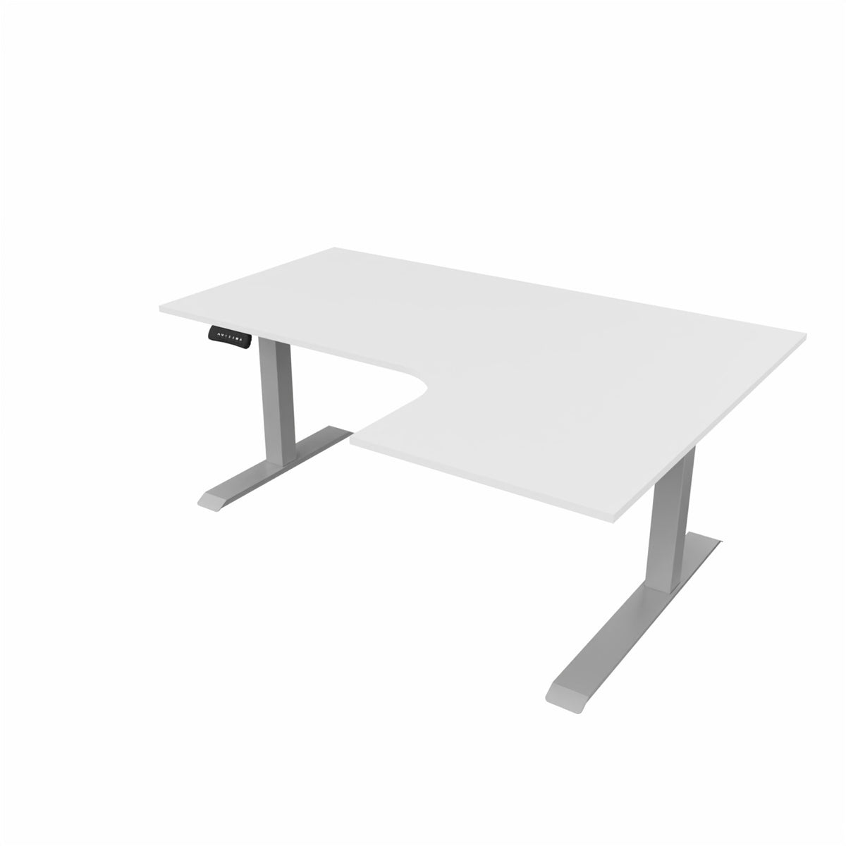 revilo r807 radial sit stand desk with white desktop and silver frame, right-handed
