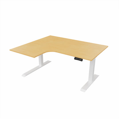 revilo r807 radial sit stand desk with beech desktop and white frame, left-handed