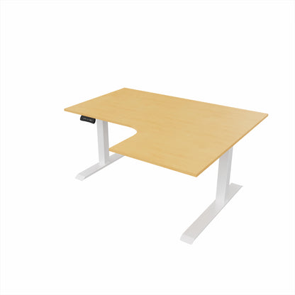 revilo r807 radial sit stand desk with beech desktop and white frame, right-handed