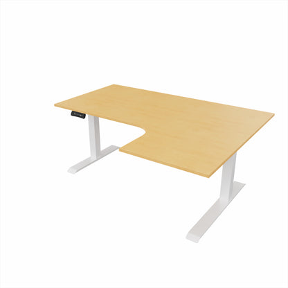 revilo r807 radial sit stand desk with beech desktop and white frame, right-handed