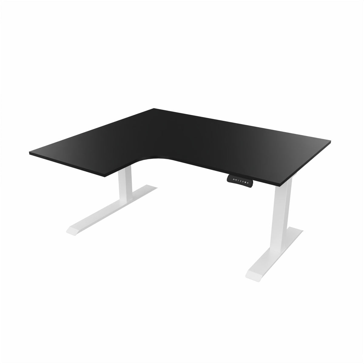 revilo r807 radial sit stand desk with black desktop and white frame, left-handed