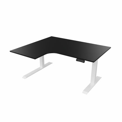 revilo r807 radial sit stand desk with black desktop and white frame, left-handed