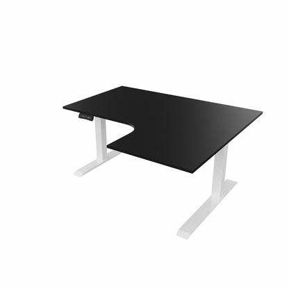 revilo r807 radial sit stand desk with black desktop and white frame, right-handed