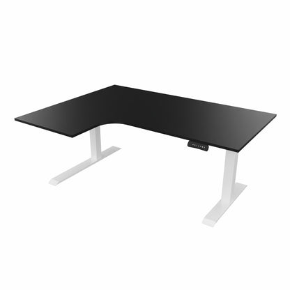revilo r807 radial sit stand desk with black desktop and white frame, left-handed